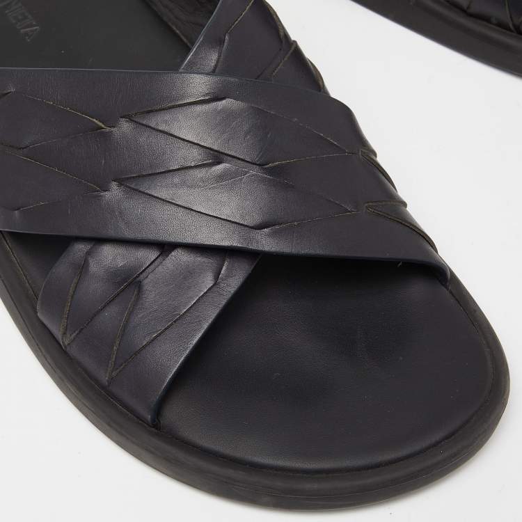 Pre Owned Bottega Veneta Black Woven Leather Cross Strap Flat Slides Size 43 