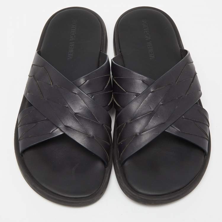 Pre Owned Bottega Veneta Black Woven Leather Cross Strap Flat Slides Size 43 
