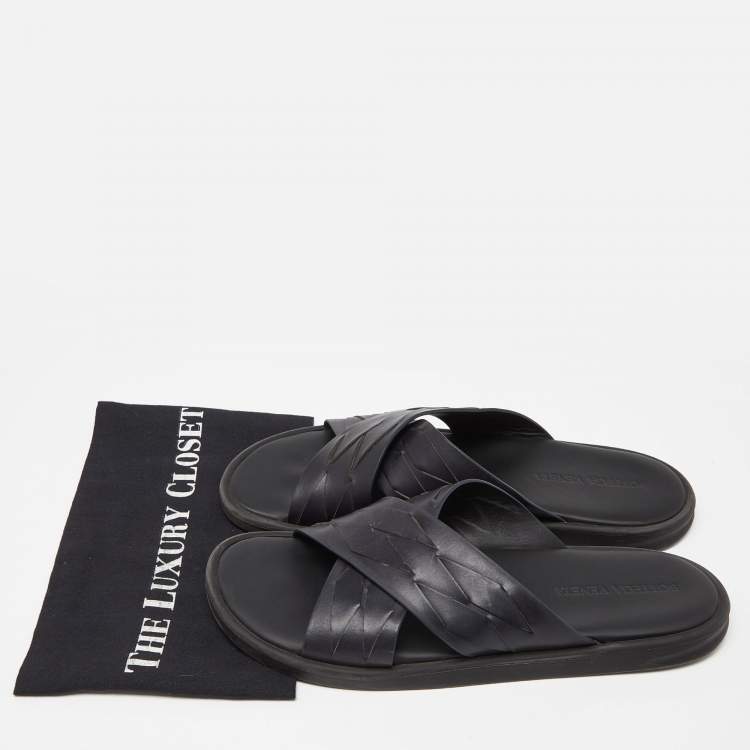 Pre Owned Bottega Veneta Black Woven Leather Cross Strap Flat Slides Size 43 