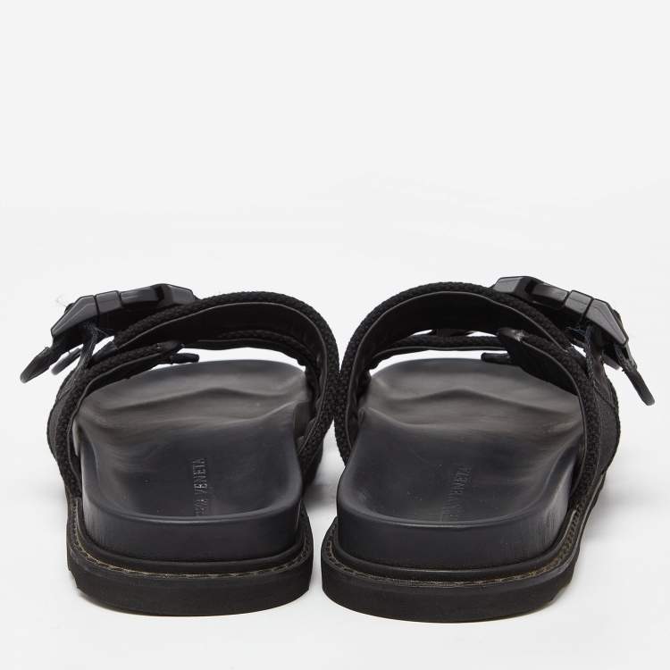 Pre Owned Bottega Veneta Black Fabric Logo Flat Slide Sandals Size 43