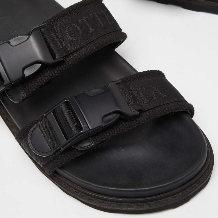 Pre Owned Bottega Veneta Black Fabric Logo Flat Slide Sandals Size 43