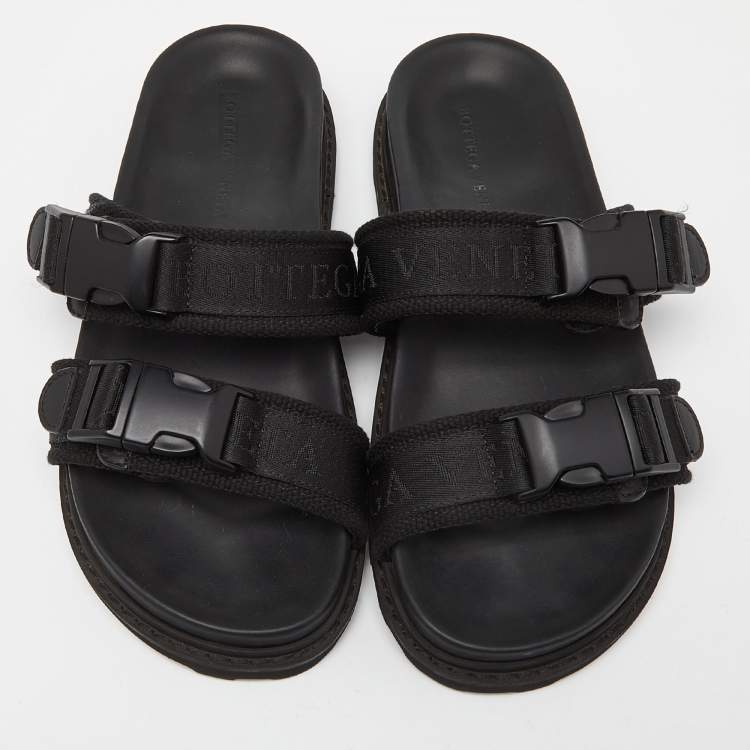 Pre Owned Bottega Veneta Black Fabric Logo Flat Slide Sandals Size 43