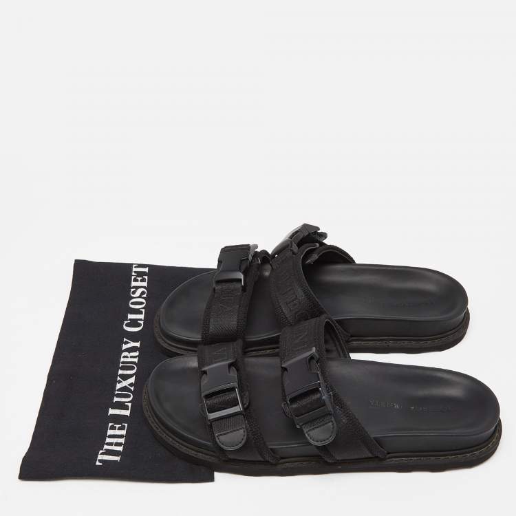 Pre Owned Bottega Veneta Black Fabric Logo Flat Slide Sandals Size 43