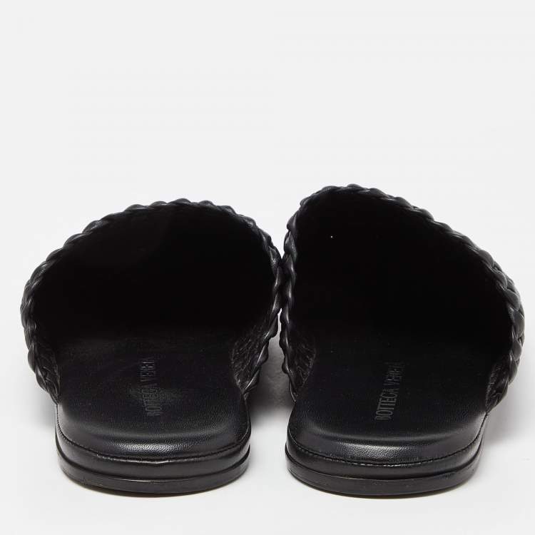 Pre Owned Bottega Veneta Black Intrecciato Leather Tubolare Mules Size 41.5