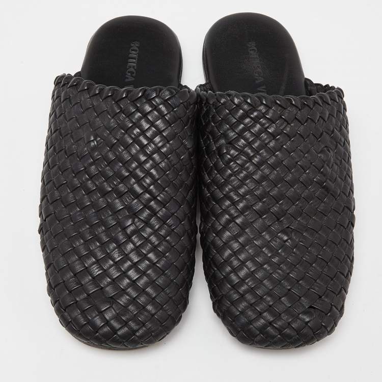Pre Owned Bottega Veneta Black Intrecciato Leather Tubolare Mules Size 41.5