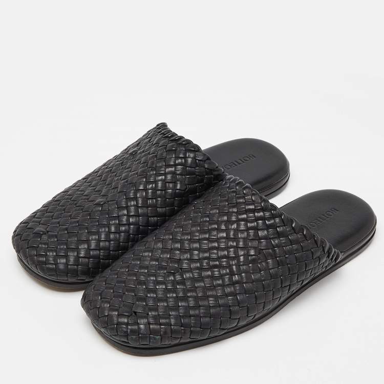 Pre Owned Bottega Veneta Black Intrecciato Leather Tubolare Mules Size 41.5