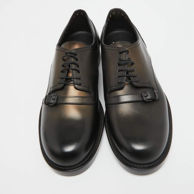 Pre Owned Bottega Veneta Black Leather Buckle Detail Lace Up Derby Size 42