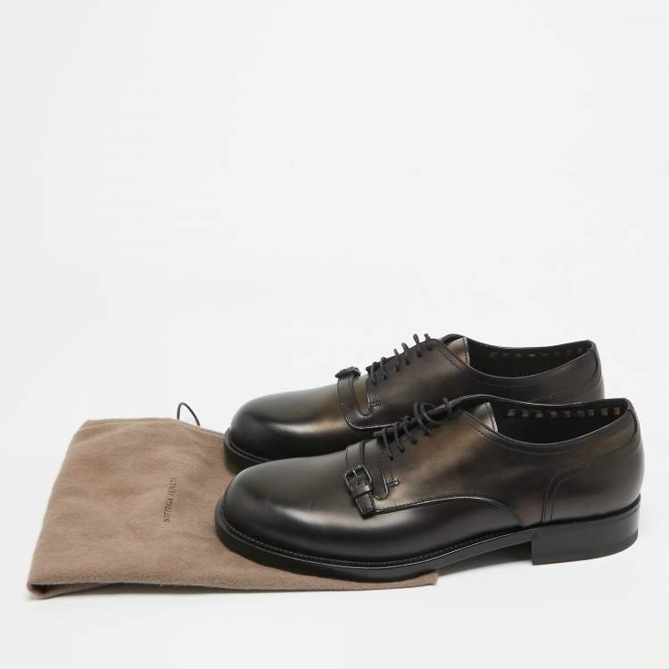 Pre Owned Bottega Veneta Black Leather Buckle Detail Lace Up Derby Size 42