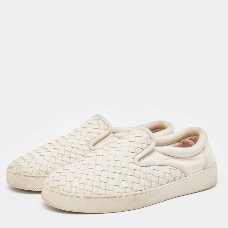 Pre Owned Bottega Veneta White Intrecciato Leather Dodger Slip On Sneakers Size 40