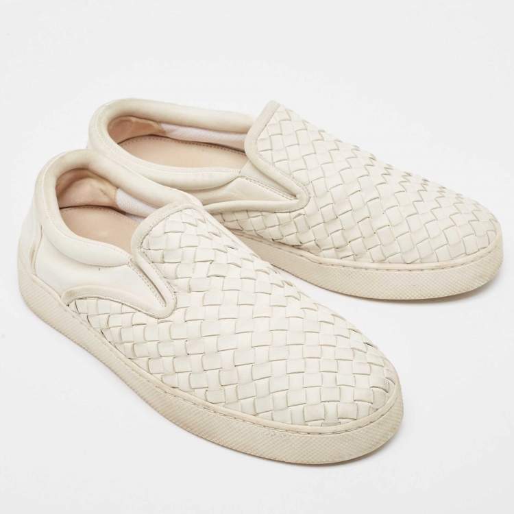 Pre Owned Bottega Veneta White Intrecciato Leather Dodger Slip On Sneakers Size 40