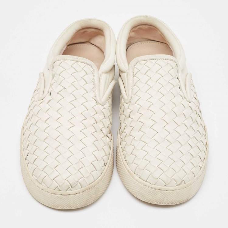 Pre Owned Bottega Veneta White Intrecciato Leather Dodger Slip On Sneakers Size 40