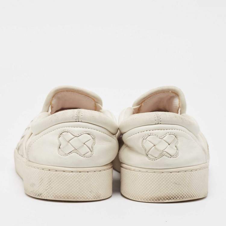 Pre Owned Bottega Veneta White Intrecciato Leather Dodger Slip On Sneakers Size 40