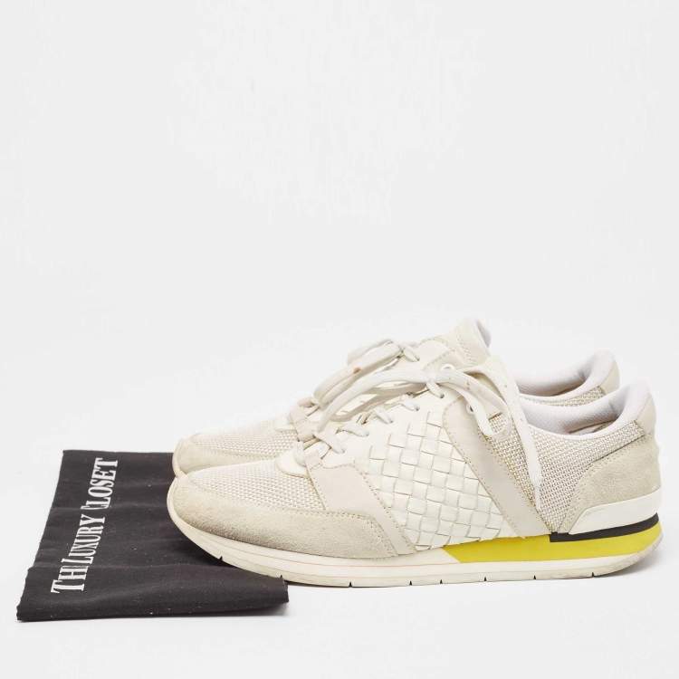 Pre Owned Bottega Veneta White/Grey Intrecciato Leather and Suede Lace Up Sneakers Size 42