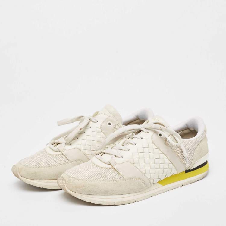 Pre Owned Bottega Veneta White/Grey Intrecciato Leather and Suede Lace Up Sneakers Size 42