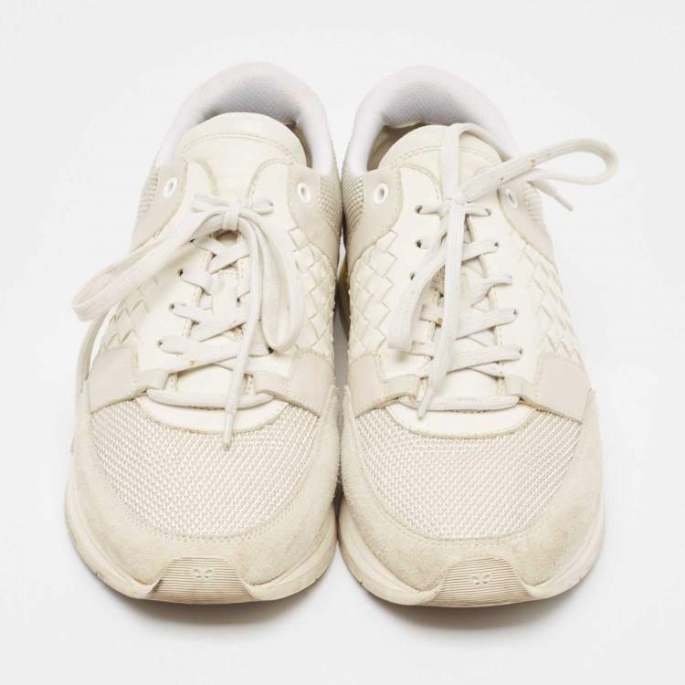 Pre Owned Bottega Veneta White/Grey Intrecciato Leather and Suede Lace Up Sneakers Size 42