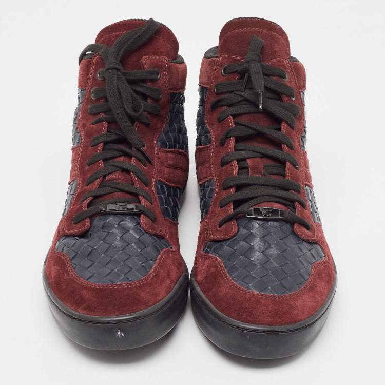 Pre Owned Bottega Veneta Burgundy/Navy Blue Suede and Intrecciato Leather High Top Sneakers Size 44.5 