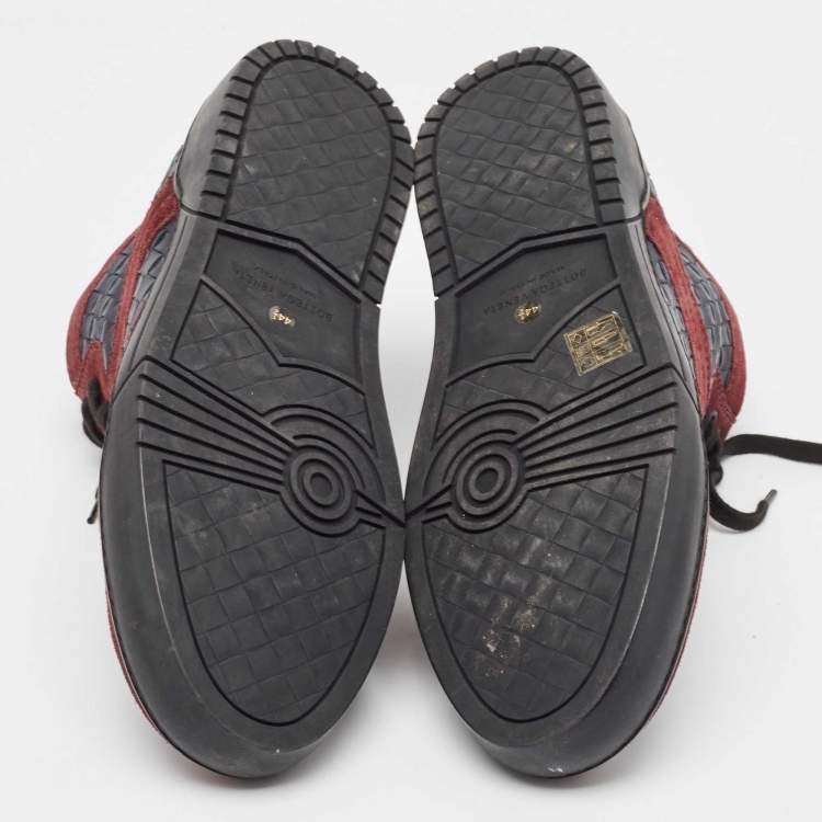Pre Owned Bottega Veneta Burgundy/Navy Blue Suede and Intrecciato Leather High Top Sneakers Size 44.5 