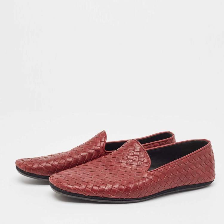 Pre Owned Bottega Veneta Burgundy Intrecciato Leather Slip on Loafers Size 42
