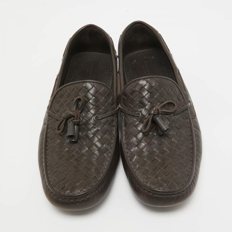 Pre Owned Bottega Veneta Brown Intrecciato Leather Wave Driver Bow Slip On Loafers Size 43.5 