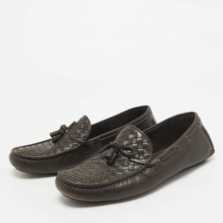 Pre Owned Bottega Veneta Brown Intrecciato Leather Wave Driver Bow Slip On Loafers Size 43.5 