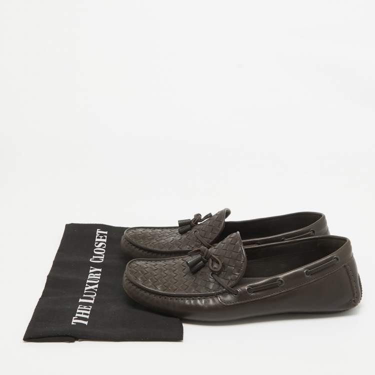 Pre Owned Bottega Veneta Brown Intrecciato Leather Wave Driver Bow Slip On Loafers Size 43.5 