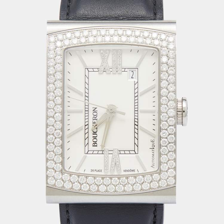 Pre Owned Boucheron Silver Stainless Steel Diamond Leather Reflet XL WA009213 SS Men's Wristwatch 31.50 mm
