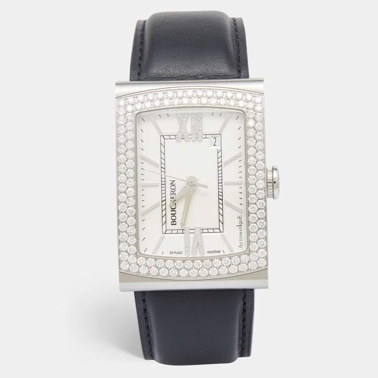 Pre Owned Boucheron Silver Stainless Steel Diamond Leather Reflet XL WA009213 SS Men's Wristwatch 31.50 mm