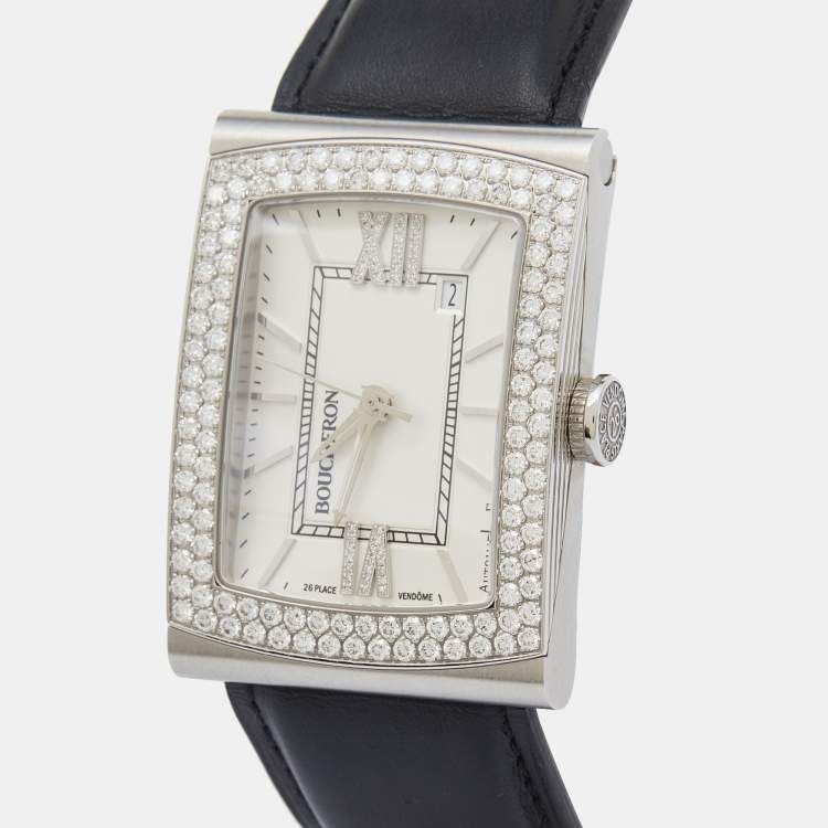 Pre Owned Boucheron Silver Stainless Steel Diamond Leather Reflet XL WA009213 SS Men's Wristwatch 31.50 mm