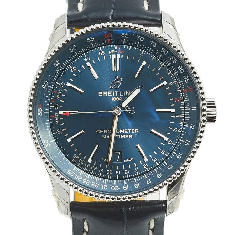 Pre Owned Breitling Blue Stainless Steel Crocodile Skin Leather Navitimer A17326161C1P3 Men's Wristwatch 41 mm