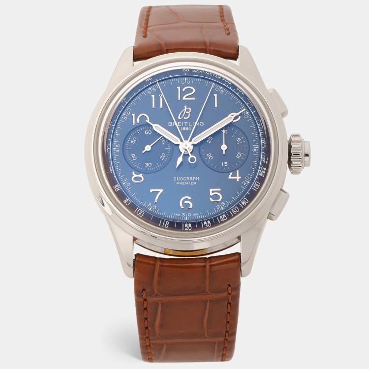 Pre Owned Breitling Blue Stainless Steel Leather Duograph AB1510171C1P1 Men's Wristwatch 42 mm