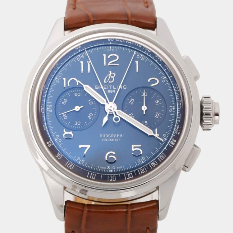 Pre Owned Breitling Blue Stainless Steel Leather Duograph AB1510171C1P1 Men's Wristwatch 42 mm