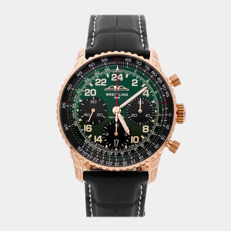 Pre Owned Breitling Navitimer RB12302A1L1P1 Automatic Green 18k Rose Gold Men’s Wristwatch 41mm