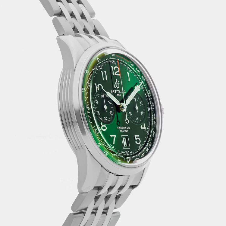 Pre Owned Breitling Premier B01 Chronograph AB0145371L1A1 Automatic Green Dial Stainless Steel Wristwatch 42mm