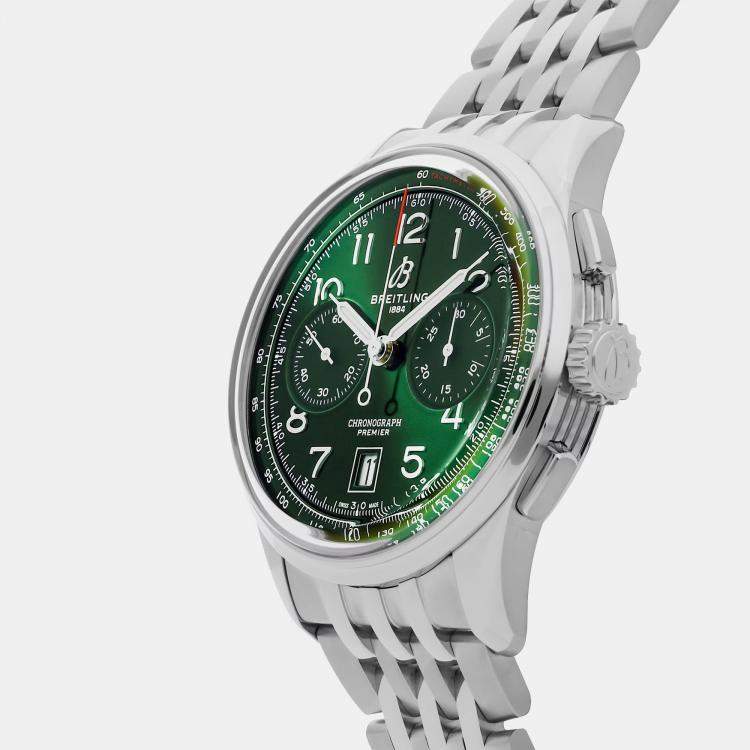 Pre Owned Breitling Premier B01 Chronograph AB0145371L1A1 Automatic Green Dial Stainless Steel Wristwatch 42mm