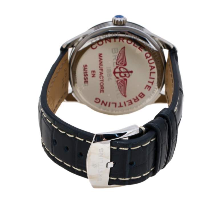 Pre Owned Breitling Blue Stainless Steel Croco Leather Premier A37340351C1P2 Men's Wristwatch 40 mm