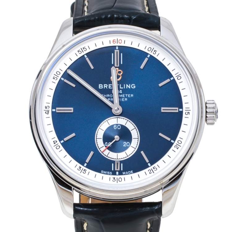 Pre Owned Breitling Blue Stainless Steel Croco Leather Premier A37340351C1P2 Men's Wristwatch 40 mm