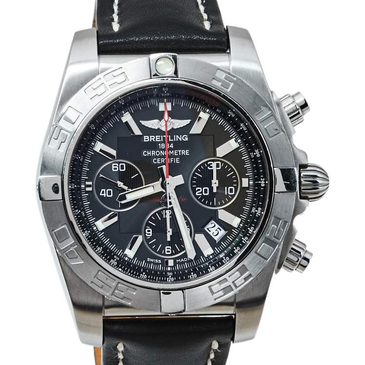 Pre Owned Breitling Black Stainless Steel & Leather Chronomat AB0110 Men's Wristwatch 44MM