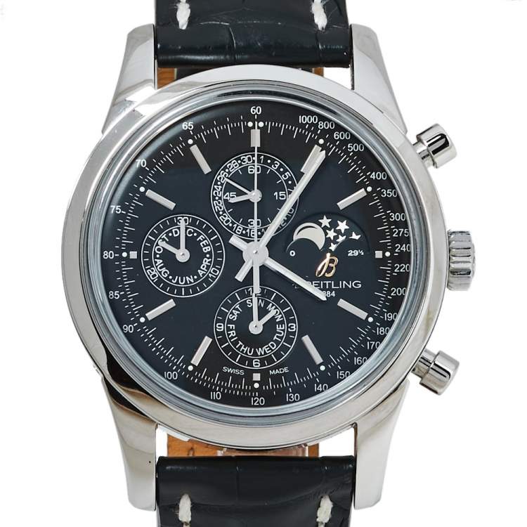 Pre Owned Breitling Black Stainless Steel Transocean Chronograph A19310 Men's Wristwatch 43 MM