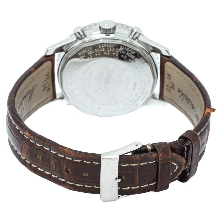 Pre Owned Breitling Silver Stainless Steel Leather Datora Montbrilliant Chronometer A21330 Men's Wristwatch 43 mm