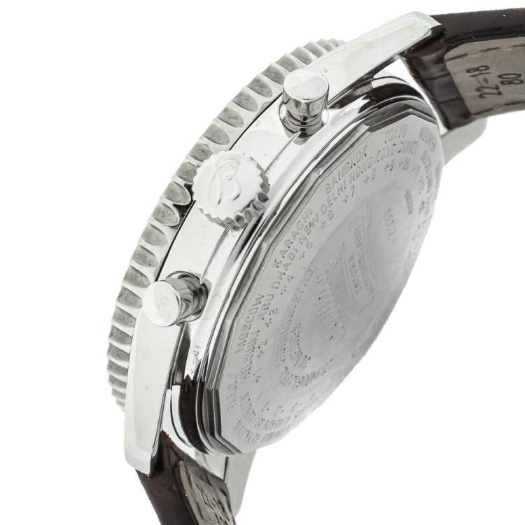 Pre Owned Breitling Silver Stainless Steel Leather Datora Montbrilliant Chronometer A21330 Men's Wristwatch 43 mm