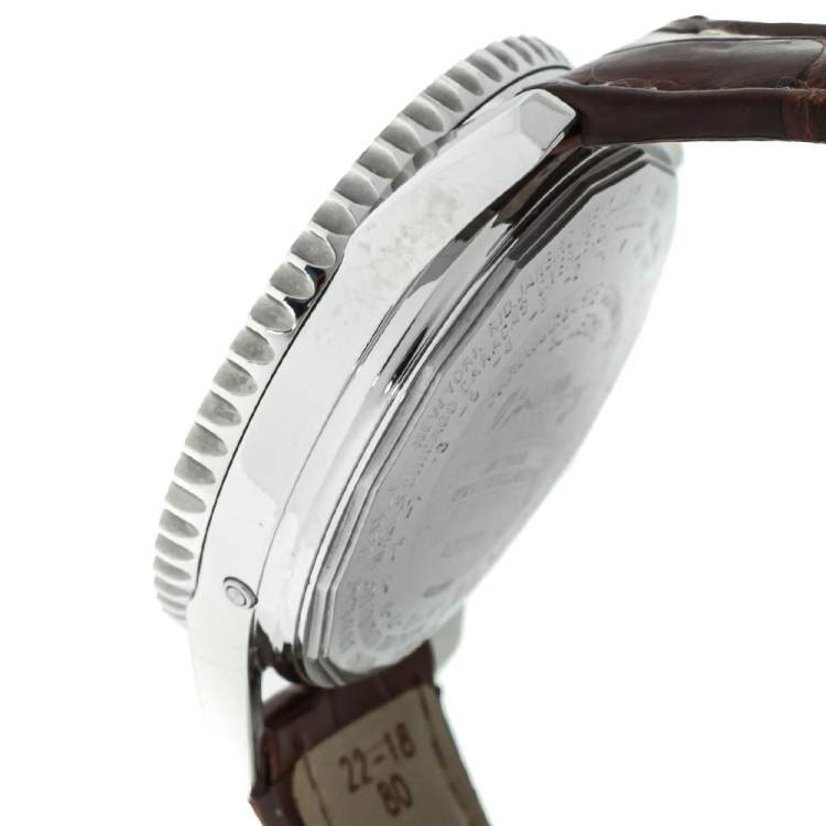 Pre Owned Breitling Silver Stainless Steel Leather Datora Montbrilliant Chronometer A21330 Men's Wristwatch 43 mm
