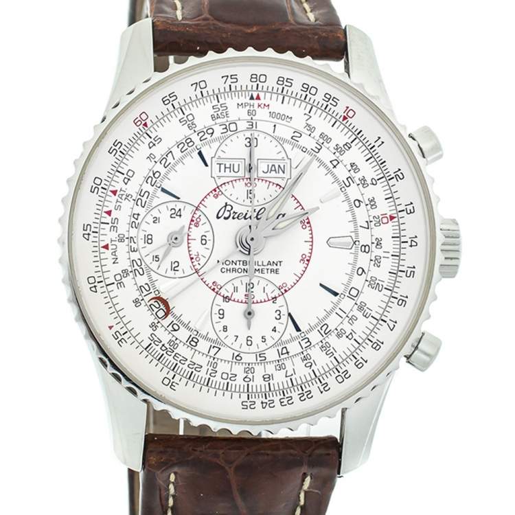 Pre Owned Breitling Silver Stainless Steel Leather Datora Montbrilliant Chronometer A21330 Men's Wristwatch 43 mm