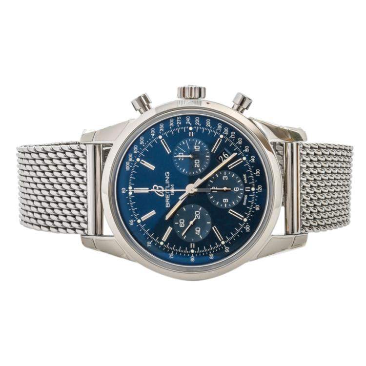 Pre Owned Breitling Black Stainless Steel Transocean Chronograph Men's Wristwatch 43 MM