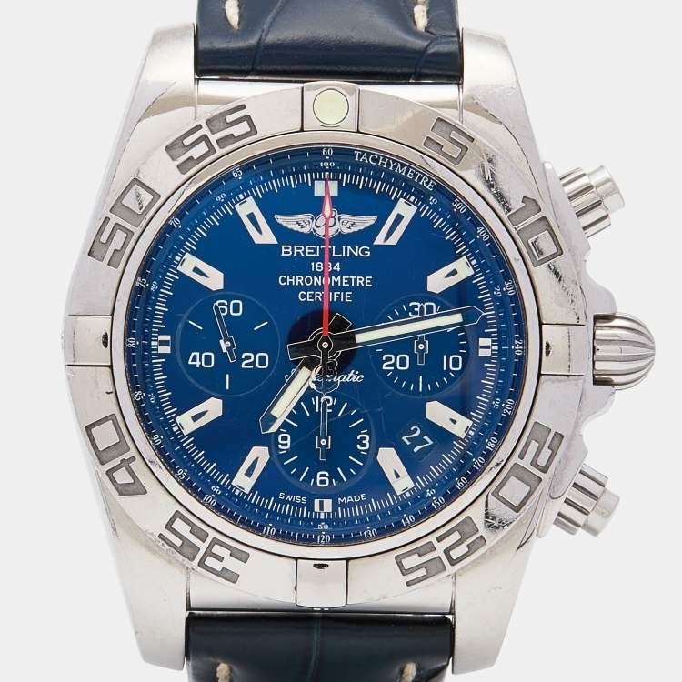Pre Owned Breitling Blue Stainless Steel Croc Leather Limited Boutique Edition Special Delivery Chronomat AB01102A/C946 Men's Wristwatch 44 mm