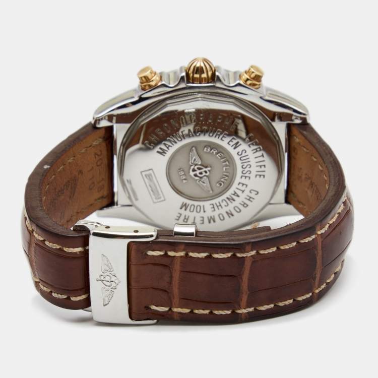 Pre Owned Breitling Mother of Pearl 18k Yellow Gold Stainless Steel Crocodile Cockpit B13358 Men's Wristwatch 39 mm