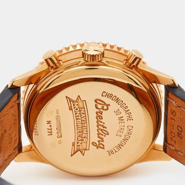 Pre Owned Breitling Silver 18k Rose Gold Alligator Navitimer Montbrillant H41330 Unisex 38 mm 