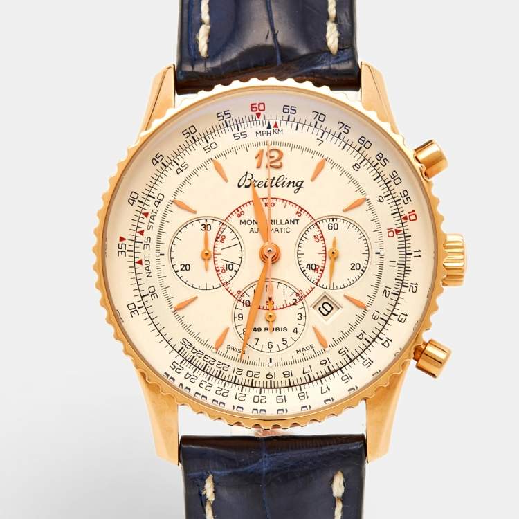 Pre Owned Breitling Silver 18k Rose Gold Alligator Navitimer Montbrillant H41330 Unisex 38 mm 