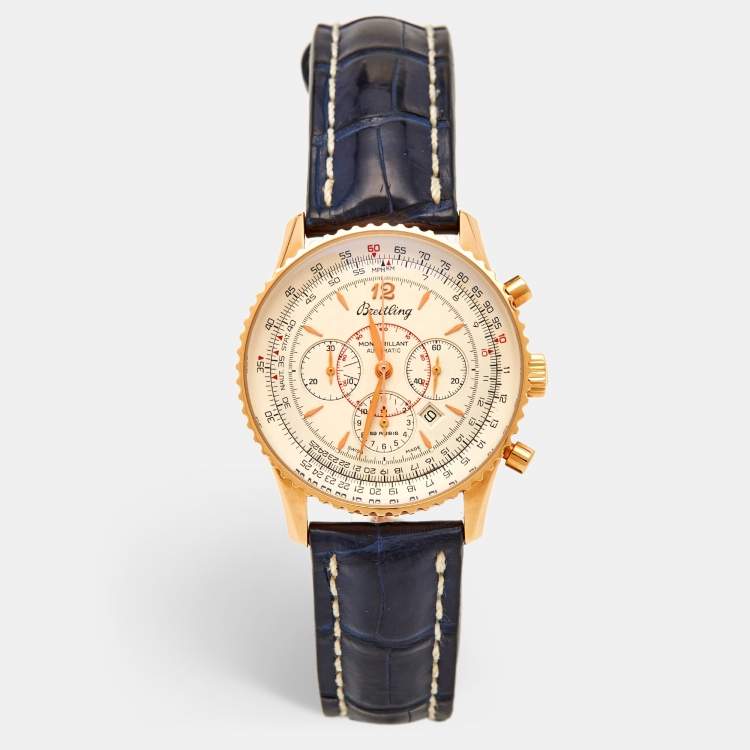 Pre Owned Breitling Silver 18k Rose Gold Alligator Navitimer Montbrillant H41330 Unisex 38 mm 