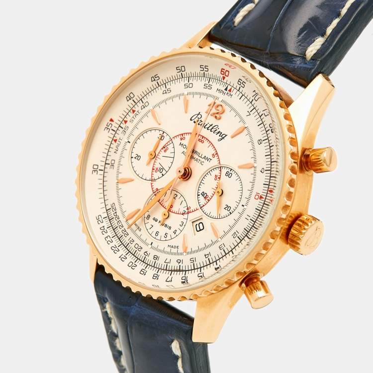 Pre Owned Breitling Silver 18k Rose Gold Alligator Navitimer Montbrillant H41330 Unisex 38 mm 