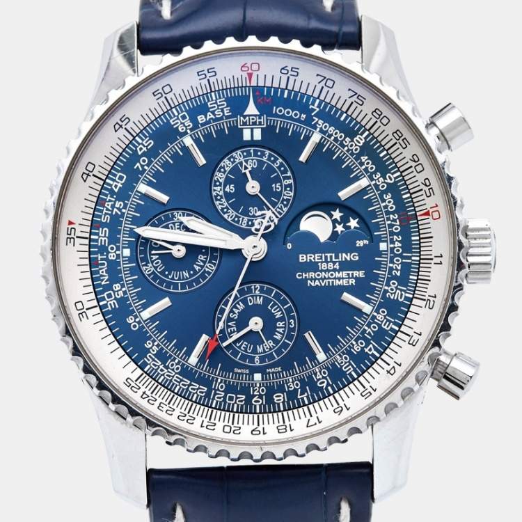 Pre Owned Breitling Blue Stainless Steel Alligator Navitimer 1461 Limited Edition A19370 Men's Wristwatch 46 mm 